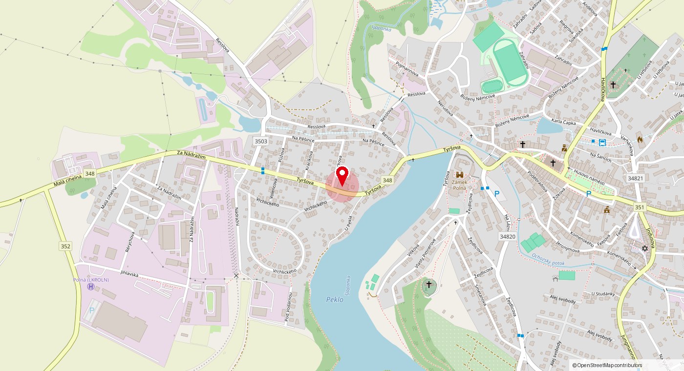 Mapa s vyznačenou polohou provozovny na adrese Tyršova 460, Polná, 58813